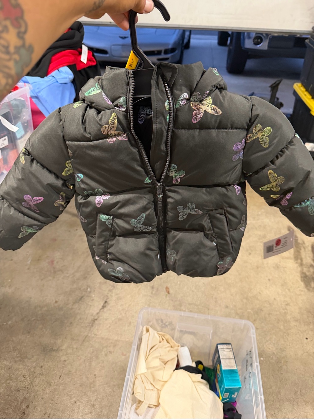 Girls' Hooded Puffer Jacket with Metallic Butterfly Print - Dark Olive
